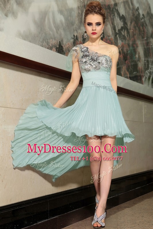 One Shoulder Sleeveless Prom Party Dress High Low Pleated Light Blue Chiffon