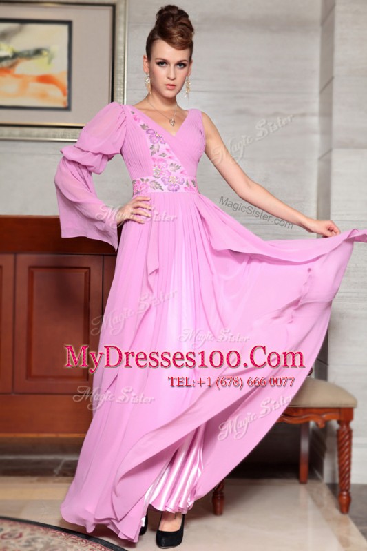 Ankle Length Lilac Mother Of The Bride Dress Chiffon Long Sleeves Beading and Ruching and Pattern