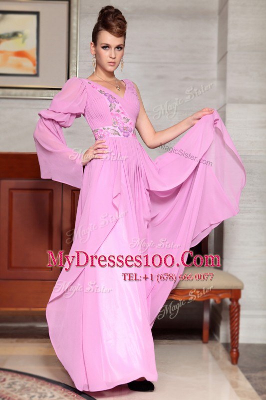 Ankle Length Lilac Mother Of The Bride Dress Chiffon Long Sleeves Beading and Ruching and Pattern