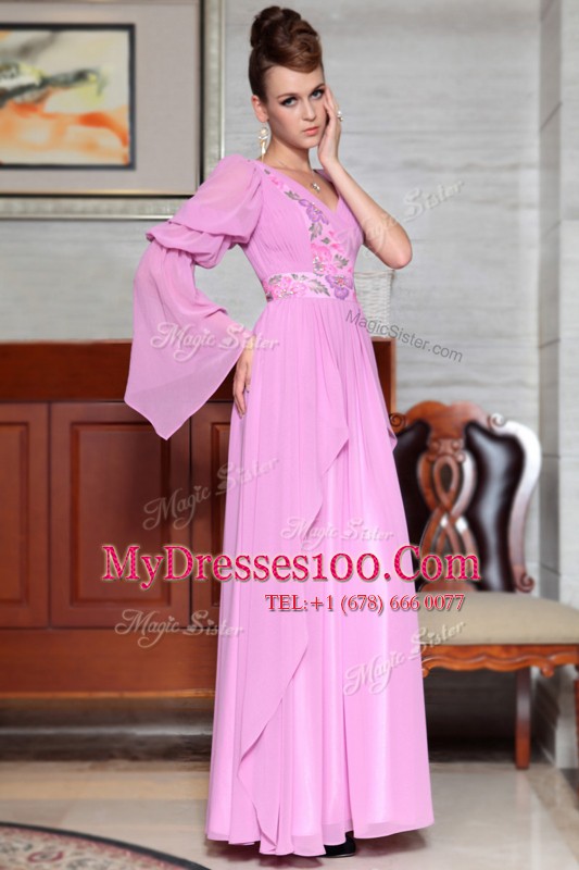 Ankle Length Lilac Mother Of The Bride Dress Chiffon Long Sleeves Beading and Ruching and Pattern