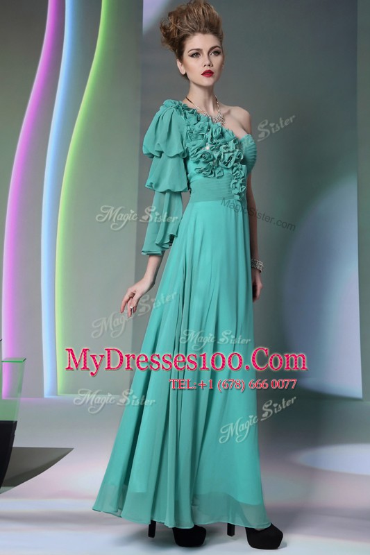 One Shoulder Floor Length Empire Long Sleeves Turquoise Zipper