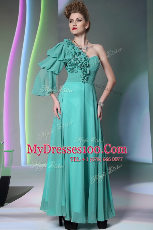 One Shoulder Floor Length Empire Long Sleeves Turquoise Zipper