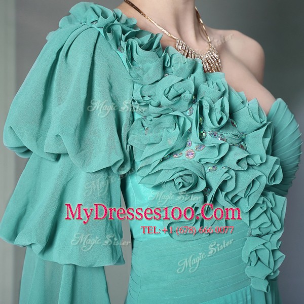 One Shoulder Floor Length Empire Long Sleeves Turquoise Zipper
