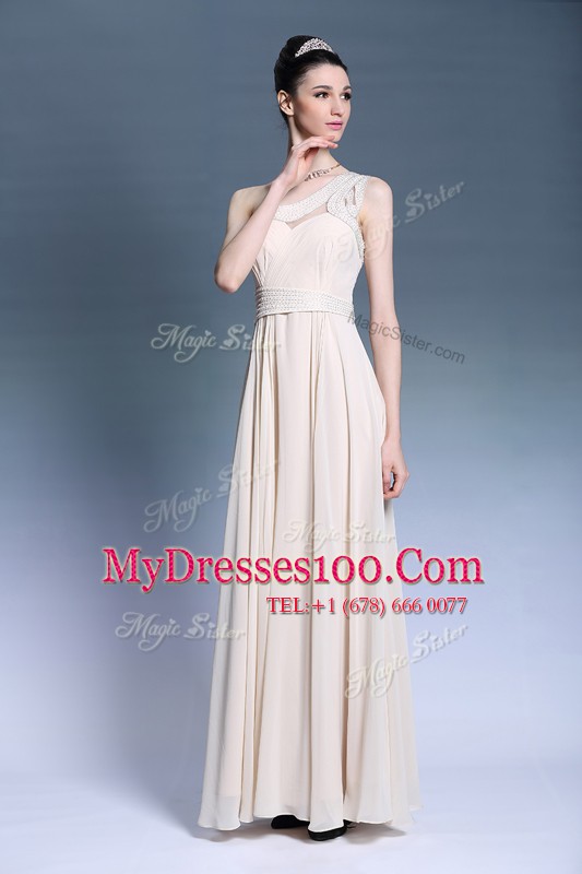 Deluxe One Shoulder Sleeveless Mother Of The Bride Dress Floor Length Beading and Ruching Champagne Chiffon