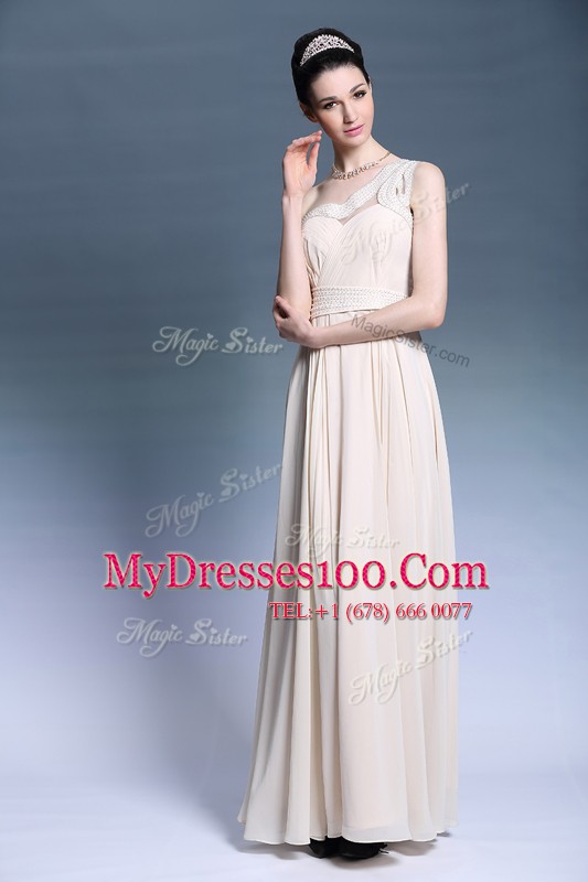 Deluxe One Shoulder Sleeveless Mother Of The Bride Dress Floor Length Beading and Ruching Champagne Chiffon