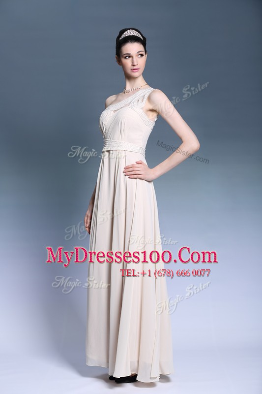 Deluxe One Shoulder Sleeveless Mother Of The Bride Dress Floor Length Beading and Ruching Champagne Chiffon
