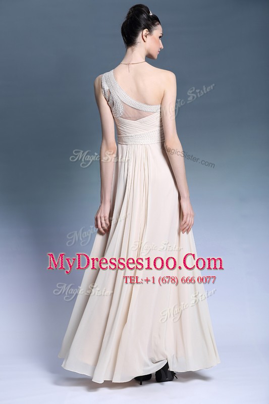 Deluxe One Shoulder Sleeveless Mother Of The Bride Dress Floor Length Beading and Ruching Champagne Chiffon