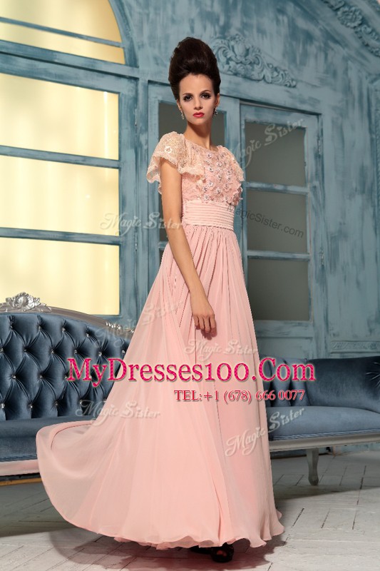 Low Price Cap Sleeves Side Zipper Floor Length Lace and Hand Made Flower Prom Dresses