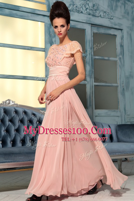Low Price Cap Sleeves Side Zipper Floor Length Lace and Hand Made Flower Prom Dresses