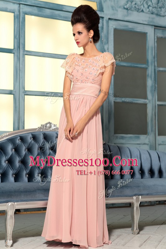 Low Price Cap Sleeves Side Zipper Floor Length Lace and Hand Made Flower Prom Dresses