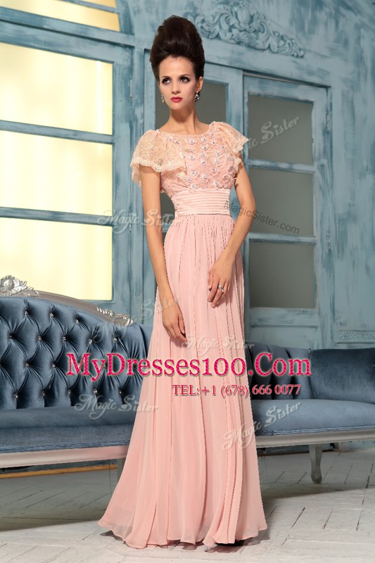 Low Price Cap Sleeves Side Zipper Floor Length Lace and Hand Made Flower Prom Dresses