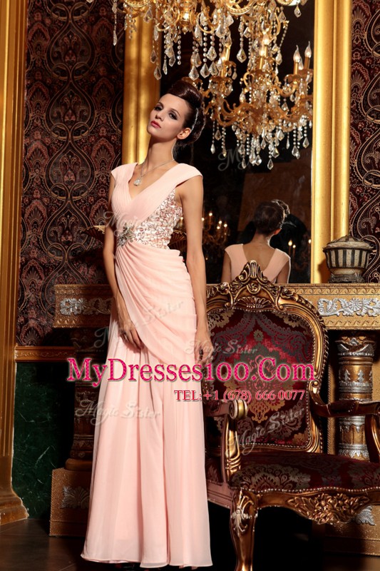 Baby Pink Prom Evening Gown Prom and Party and For with Beading and Embroidery and Ruching V-neck Cap Sleeves Side Zipper