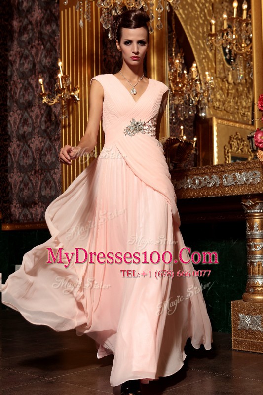 Baby Pink Prom Evening Gown Prom and Party and For with Beading and Embroidery and Ruching V-neck Cap Sleeves Side Zipper