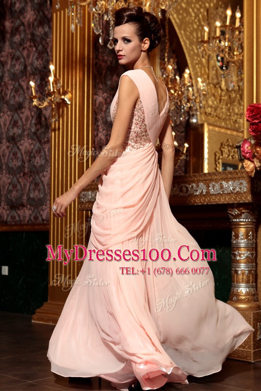 Baby Pink Prom Evening Gown Prom and Party and For with Beading and Embroidery and Ruching V-neck Cap Sleeves Side Zipper