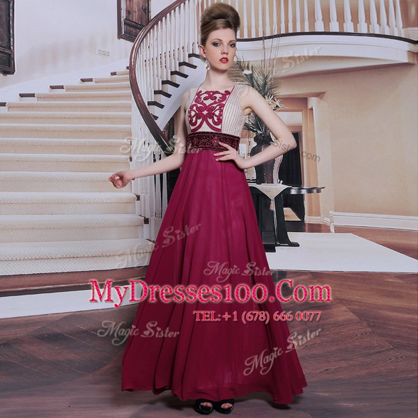 Best Selling Sleeveless Floor Length Beading and Appliques Side Zipper Mother Of The Bride Dress with Burgundy