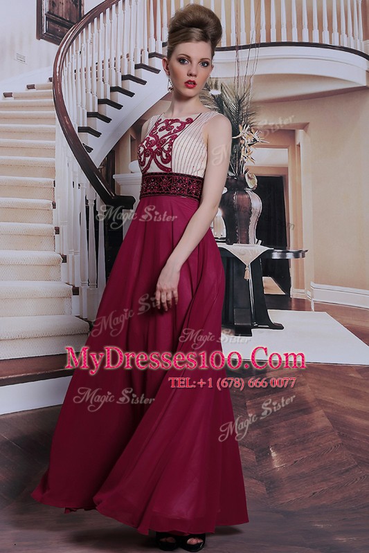 Best Selling Sleeveless Floor Length Beading and Appliques Side Zipper Mother Of The Bride Dress with Burgundy