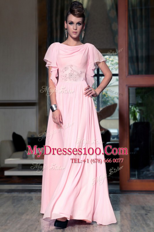 Modern Ankle Length Column/Sheath Cap Sleeves Pink Prom Gown Side Zipper
