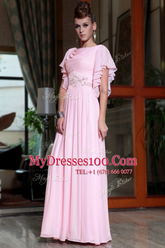 Modern Ankle Length Column/Sheath Cap Sleeves Pink Prom Gown Side Zipper