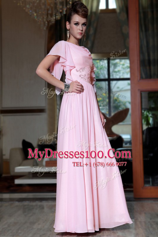 Modern Ankle Length Column/Sheath Cap Sleeves Pink Prom Gown Side Zipper