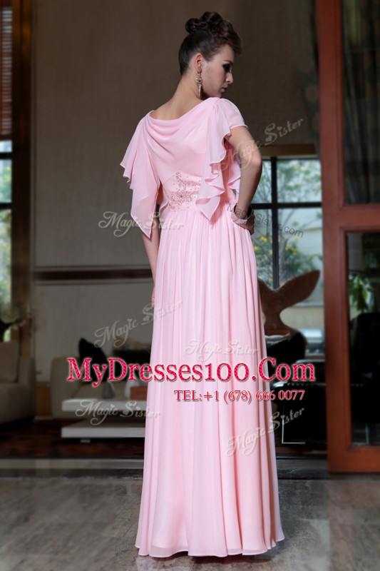 Modern Ankle Length Column/Sheath Cap Sleeves Pink Prom Gown Side Zipper