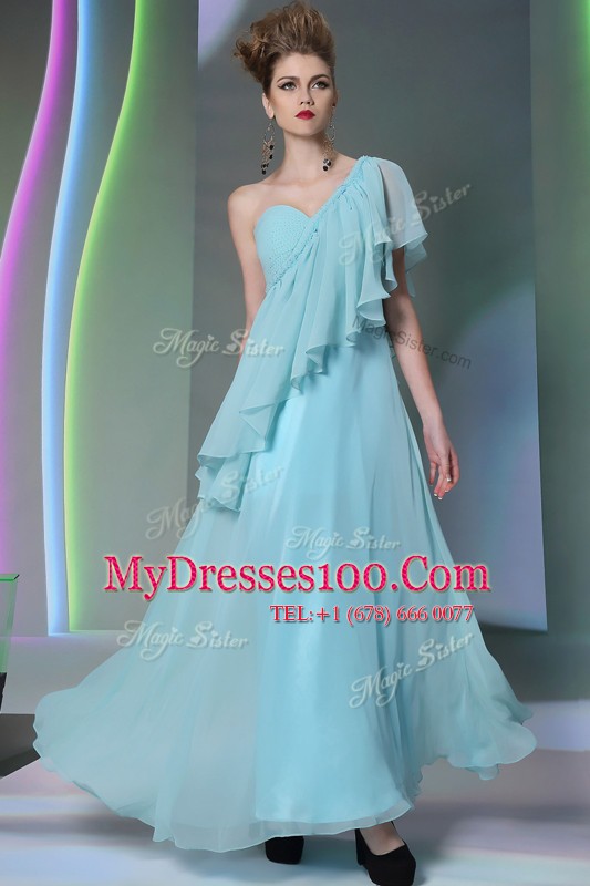 Chic One Shoulder Cap Sleeves Dress for Prom Ankle Length Ruffles Light Blue Chiffon