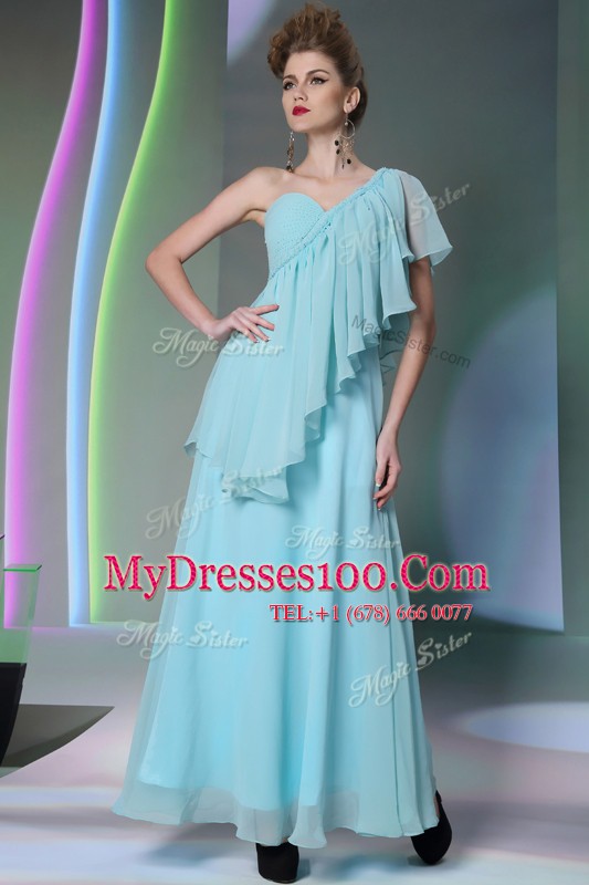 Chic One Shoulder Cap Sleeves Dress for Prom Ankle Length Ruffles Light Blue Chiffon