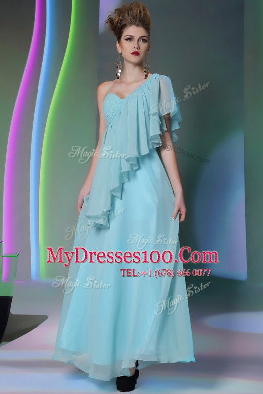 Chic One Shoulder Cap Sleeves Dress for Prom Ankle Length Ruffles Light Blue Chiffon