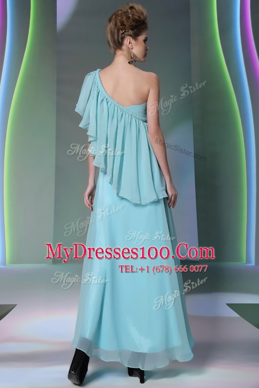 Chic One Shoulder Cap Sleeves Dress for Prom Ankle Length Ruffles Light Blue Chiffon