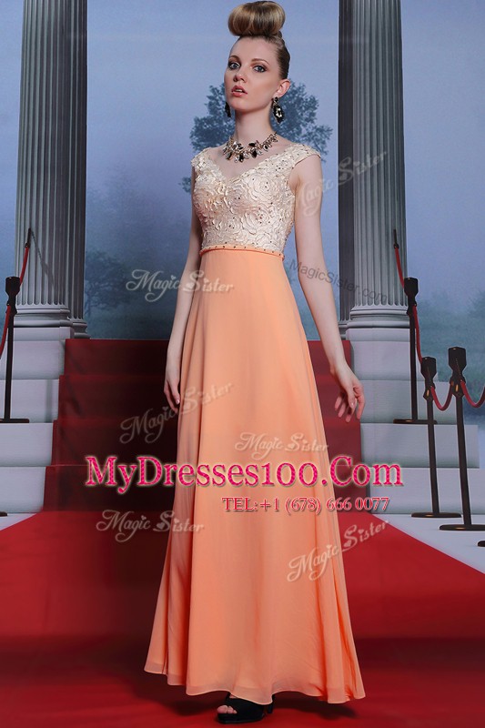 Customized Scalloped Sleeveless Floor Length Beading Side Zipper Prom Evening Gown with Orange