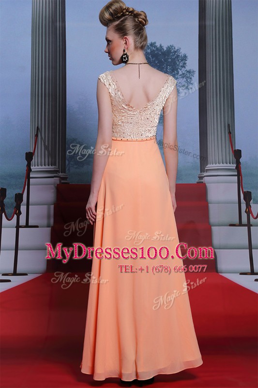 Customized Scalloped Sleeveless Floor Length Beading Side Zipper Prom Evening Gown with Orange