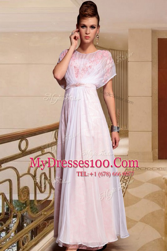 Traditional Scoop Cap Sleeves Ankle Length Beading Side Zipper Prom Evening Gown with Pink