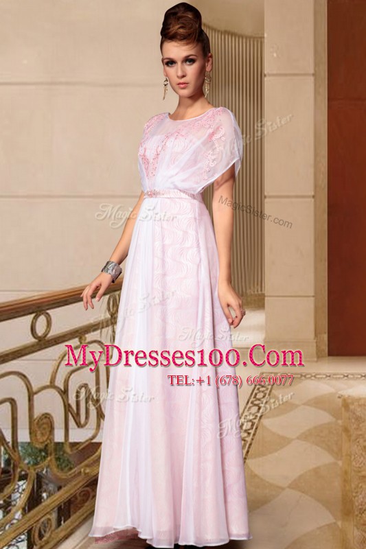 Traditional Scoop Cap Sleeves Ankle Length Beading Side Zipper Prom Evening Gown with Pink