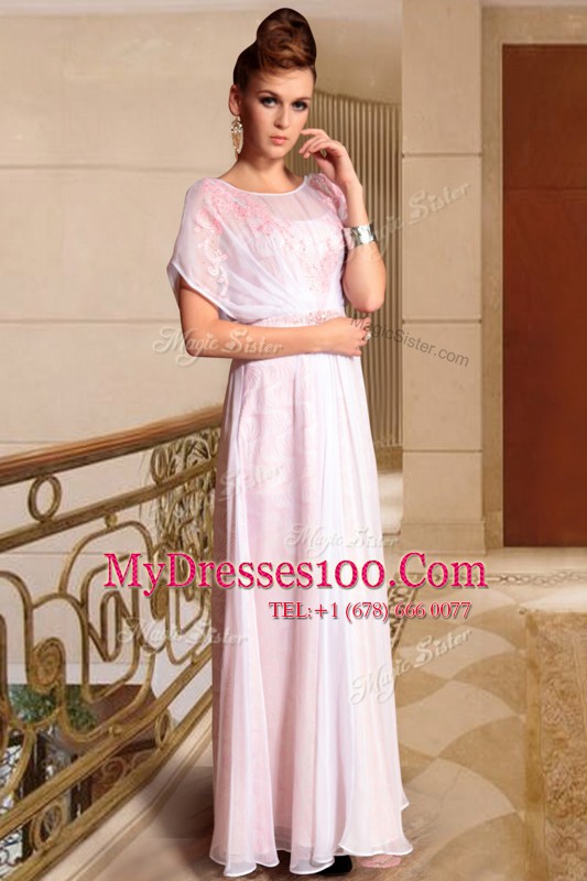 Traditional Scoop Cap Sleeves Ankle Length Beading Side Zipper Prom Evening Gown with Pink