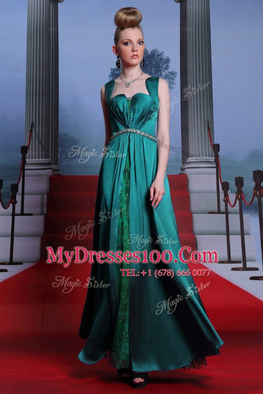 Peacock Green Column/Sheath Beading and Lace Prom Evening Gown Zipper Elastic Woven Satin Sleeveless Ankle Length