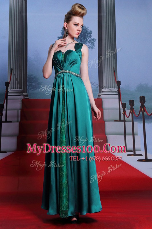 Peacock Green Column/Sheath Beading and Lace Prom Evening Gown Zipper Elastic Woven Satin Sleeveless Ankle Length