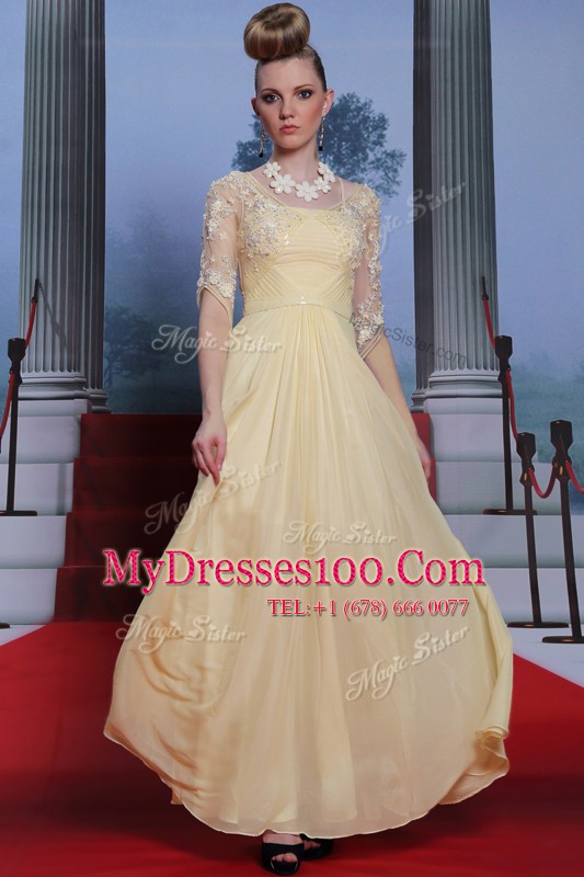 Chic Light Yellow Zipper Prom Dress Lace and Ruching Half Sleeves Floor Length