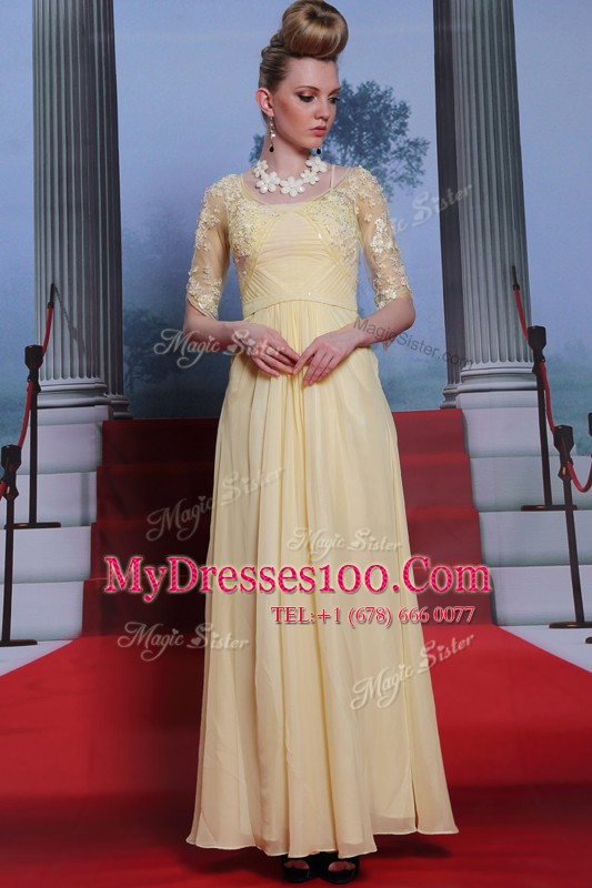 Chic Light Yellow Zipper Prom Dress Lace and Ruching Half Sleeves Floor Length