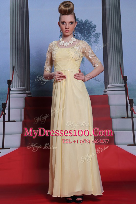Chic Light Yellow Zipper Prom Dress Lace and Ruching Half Sleeves Floor Length