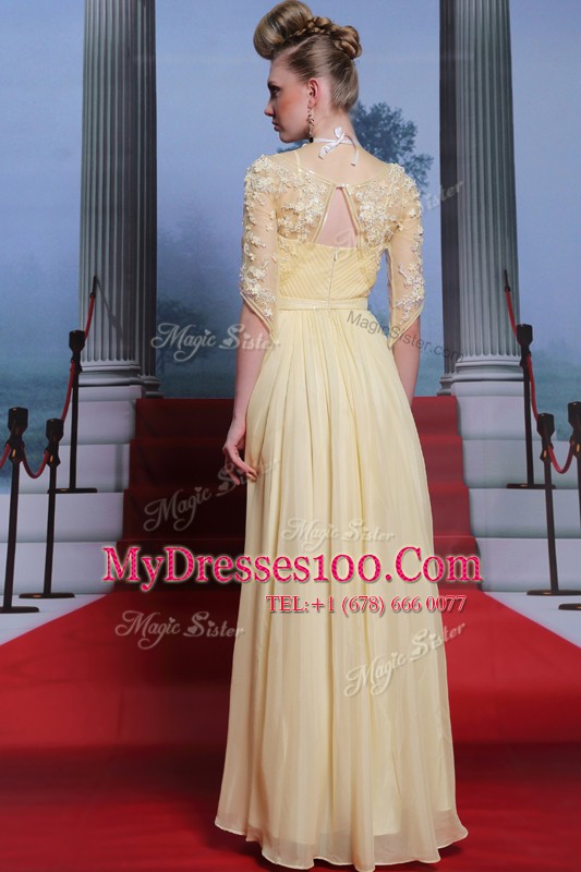 Chic Light Yellow Zipper Prom Dress Lace and Ruching Half Sleeves Floor Length