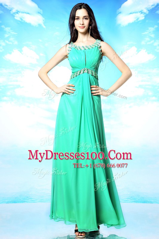 Luxurious Floor Length Turquoise Prom Evening Gown Scoop Sleeveless Backless