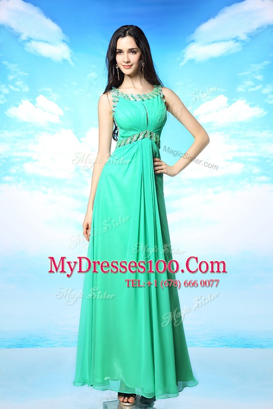 Luxurious Floor Length Turquoise Prom Evening Gown Scoop Sleeveless Backless