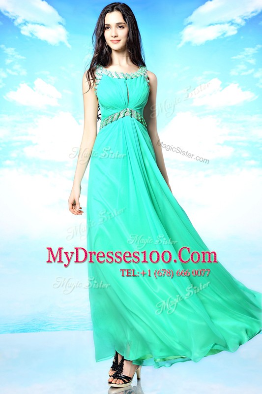 Luxurious Floor Length Turquoise Prom Evening Gown Scoop Sleeveless Backless
