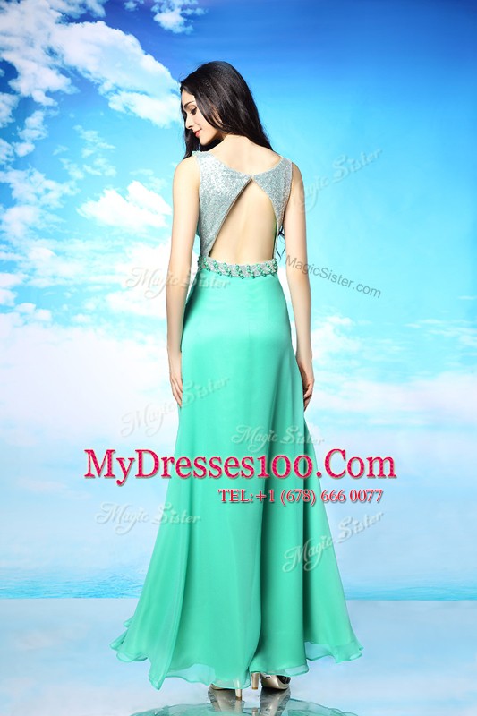 Luxurious Floor Length Turquoise Prom Evening Gown Scoop Sleeveless Backless