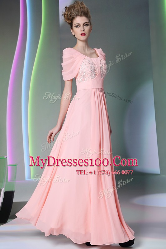 Fashionable Scoop Cap Sleeves Prom Evening Gown Floor Length Beading Baby Pink Chiffon