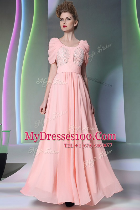 Fashionable Scoop Cap Sleeves Prom Evening Gown Floor Length Beading Baby Pink Chiffon