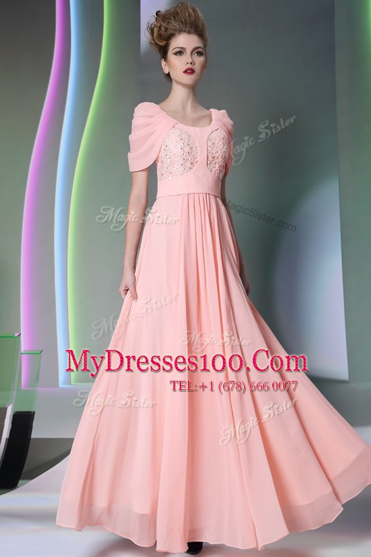 Fashionable Scoop Cap Sleeves Prom Evening Gown Floor Length Beading Baby Pink Chiffon