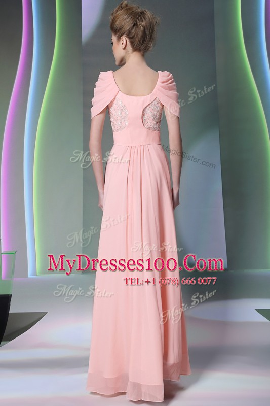 Fashionable Scoop Cap Sleeves Prom Evening Gown Floor Length Beading Baby Pink Chiffon