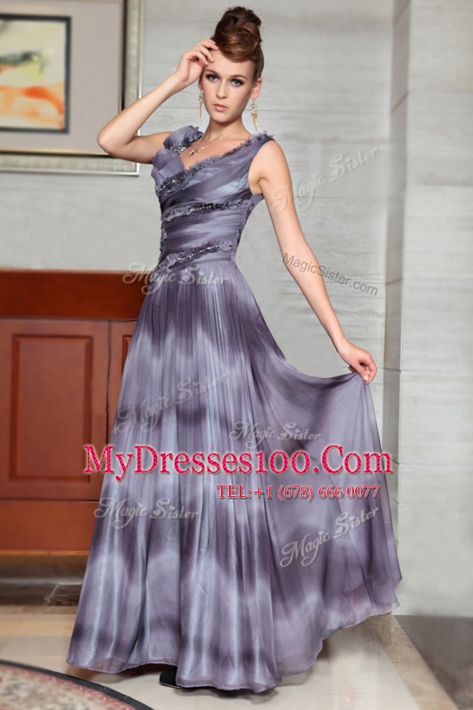Free and Easy Sleeveless Floor Length Beading and Ruffles Side Zipper Homecoming Dress with Grey