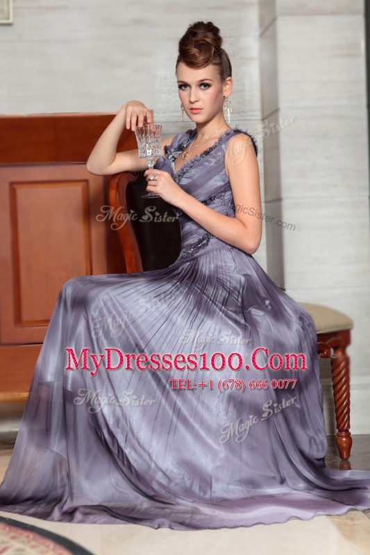Free and Easy Sleeveless Floor Length Beading and Ruffles Side Zipper Homecoming Dress with Grey