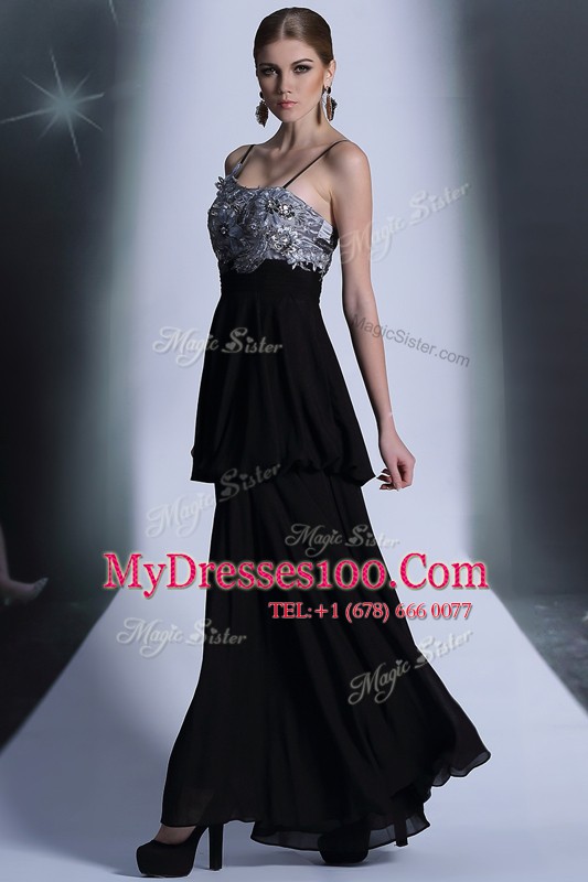 Decent Black Chiffon Side Zipper Evening Wear Sleeveless Floor Length Embroidery and Sequins and Hand Made Flower